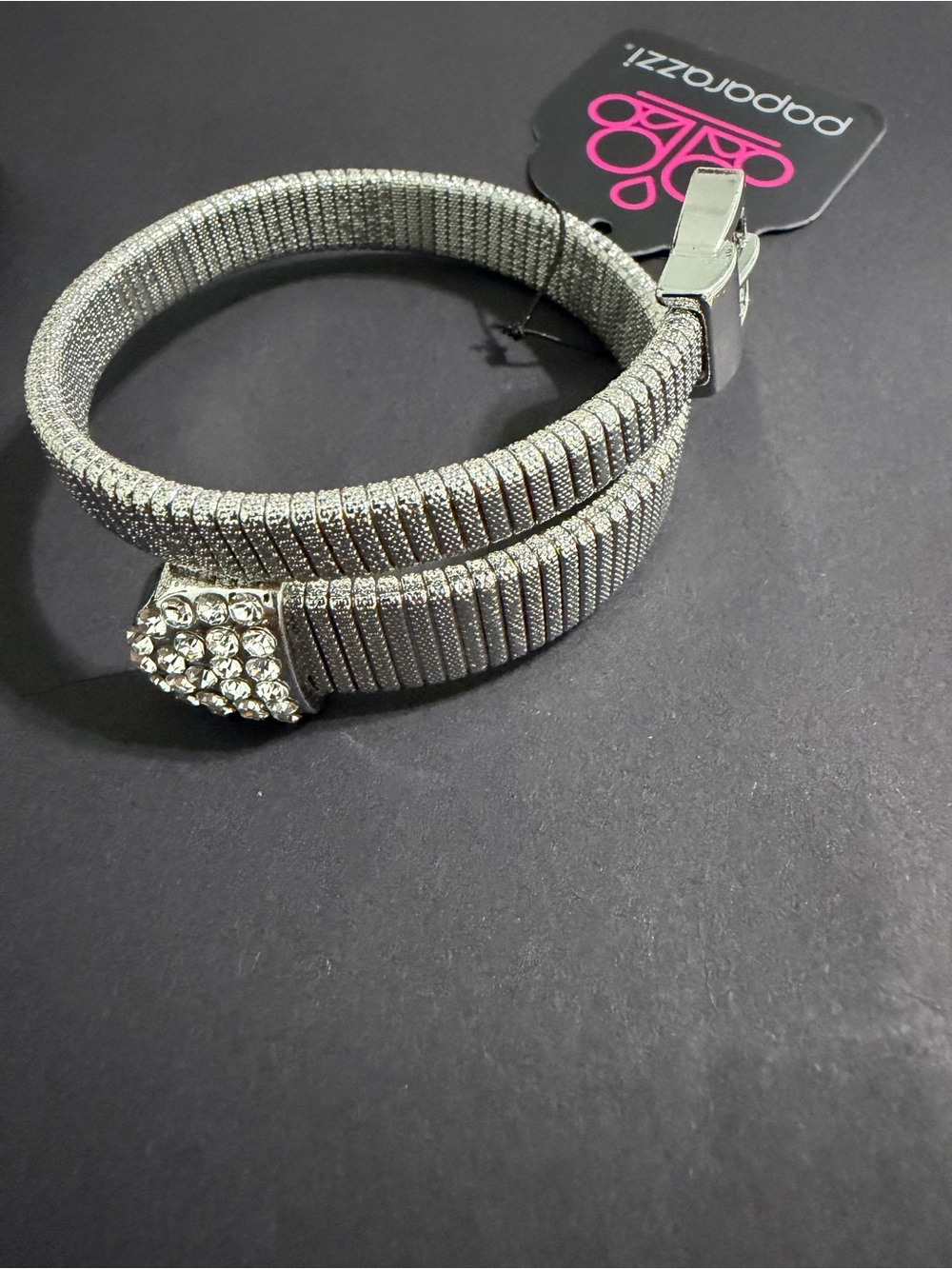 Paparazzi Silver Rhinestone Coil Bracelet - Clear Crystal Accent